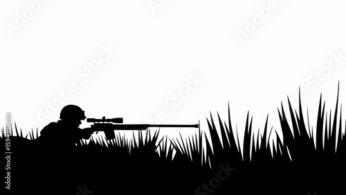 Silhouette of a soldier aiming a sniper rifle while lying in tall grass against a white background scene