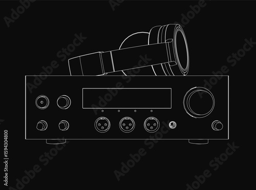 A black and white stereo amplifier with detailed knobs and buttons stands out against a dark background. The contour lines highlight the audio equipment's sleek design, perfect for music enthusiasts.