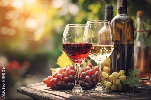 Wallpaper Mural Two wine glasses, filled with red and white wine, sit on a rustic wooden table amidst bunches of grapes and wine bottles in a sunny garden setting Torontodigital.ca