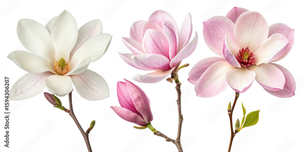 Obraz premium Magnolia flowers bloom in stunning shades of pink and white showcasing their delicate beauty and elegance