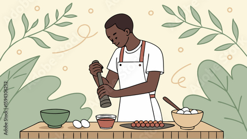 Illustration of african american man cooking food preparation meal recipe chef culinary at home kitchen scene
