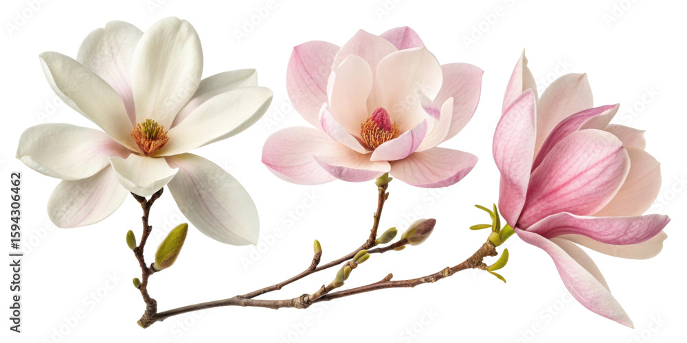 Obraz premium Magnolia flowers bloom beautifully with delicate petals showcasing shades of pink and white, creating serene and elegant atmosphere