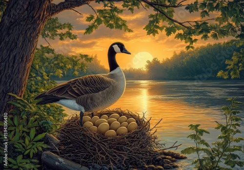 Goose on nest at sunset over river