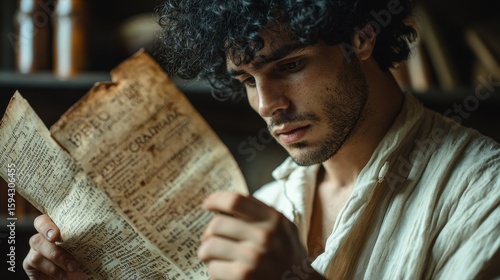 Aged apothecary label young male curly black hair aquiline nose reads vintage medicine hands cropped frame antique bottle serious expression