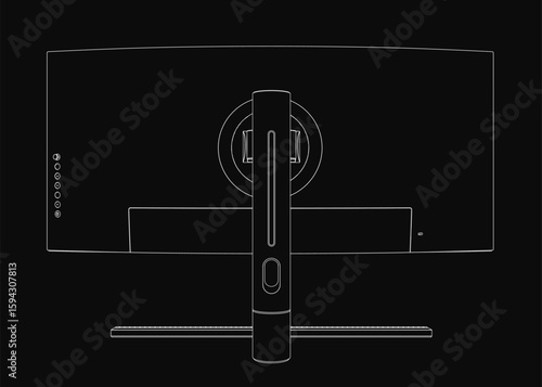 Flat TV in black and white contour drawing with sleek modern design. The thin bezel and glossy black finish enhance its minimalist appeal. The curved stand complements the overall aesthetic. Back view