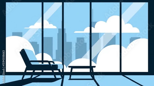 Modern blue chair in empty room with city view. Window with modern cityscape and sky with clouds. Minimalist animation.