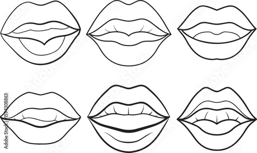 Set of Female lips outline vector illustration line art