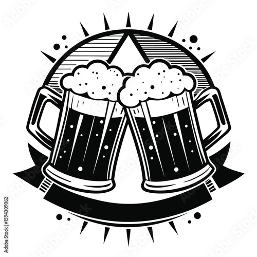 Cheers to Celebration: Two meticulously illustrated steins clink together in a gesture of conviviality, brimming with foamy beverage, set against a monochrome backdrop.