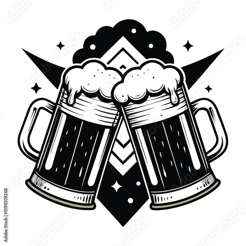 Cheers to the Brew: A stylish illustration showcases two frothy beer mugs in a celebratory toast, embodying the spirit of camaraderie and festivity. 