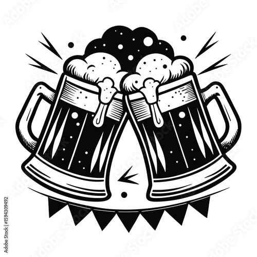 Cheers to the Brew: Two ornate beer steins clink in a celebratory toast, overflowing with rich, foamy brew against a graphic monochrome design, evoking festive gatherings.