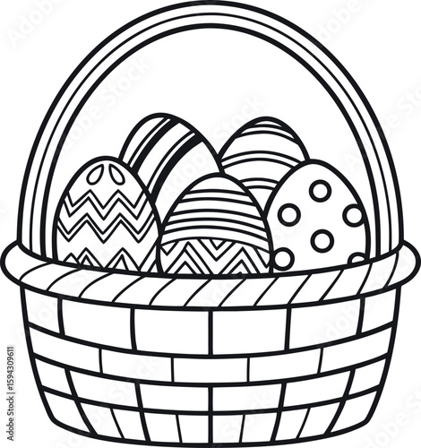 Black and white illustration of a woven easter basket filled with decorated eggs