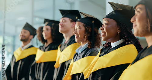Tableau sur toile College, diversity and success with students at graduation for alumni ceremony, achievement and diploma pride