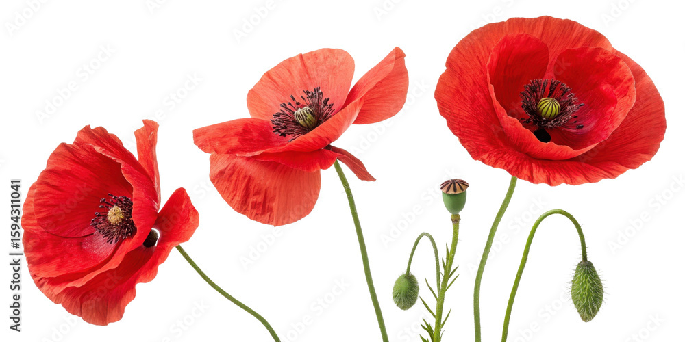 Obraz premium Vibrant poppy flowers bloom in stunning red hues showcasing their delicate petals and intricate details. Their beauty captivates nature lovers