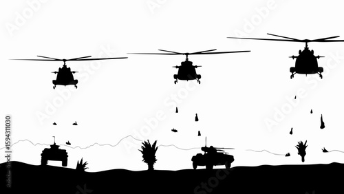 Silhouetted helicopters and tanks engaged in a military operation over a desert landscape view image