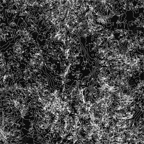 A black and white city map features scattered white dots resembling stars or data points. Contour lines suggest nearby mountainous terrain, adding depth.