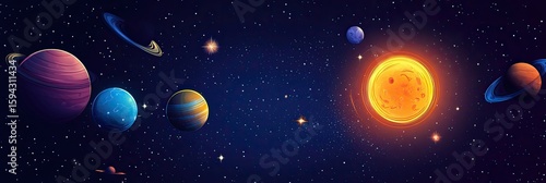 Colorful solar system illustration with planets and stars