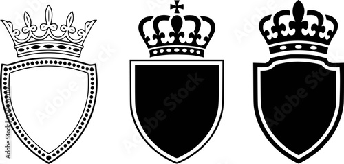 Royal crests and shields black and white emblems crown