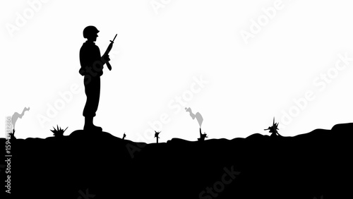 Silhouette of a soldier standing with rifle on a battlefield with explosions and smoke in black and white