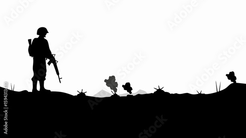 Silhouette of a soldier standing with rifle on a battlefield amidst explosions and barbed wire fences