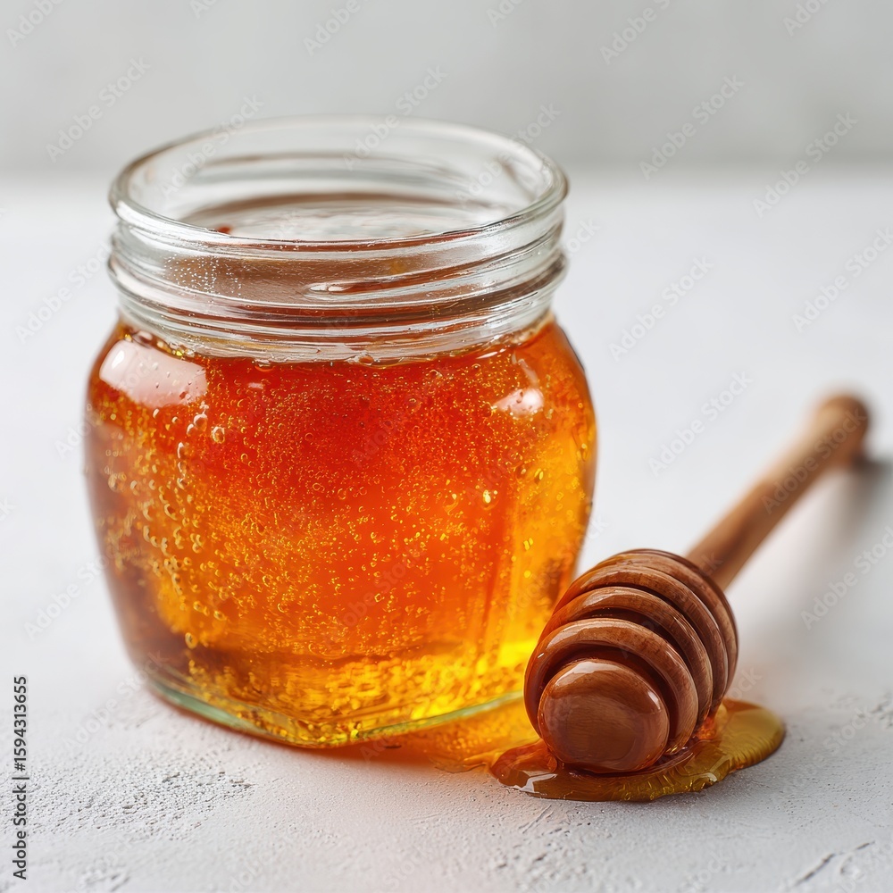 A jar of honey with a wooden spoon A jar of honey with a wooden spoon