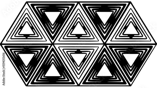 Hexagonal arrangement of triangles with nested triangle patterns in black and white design art