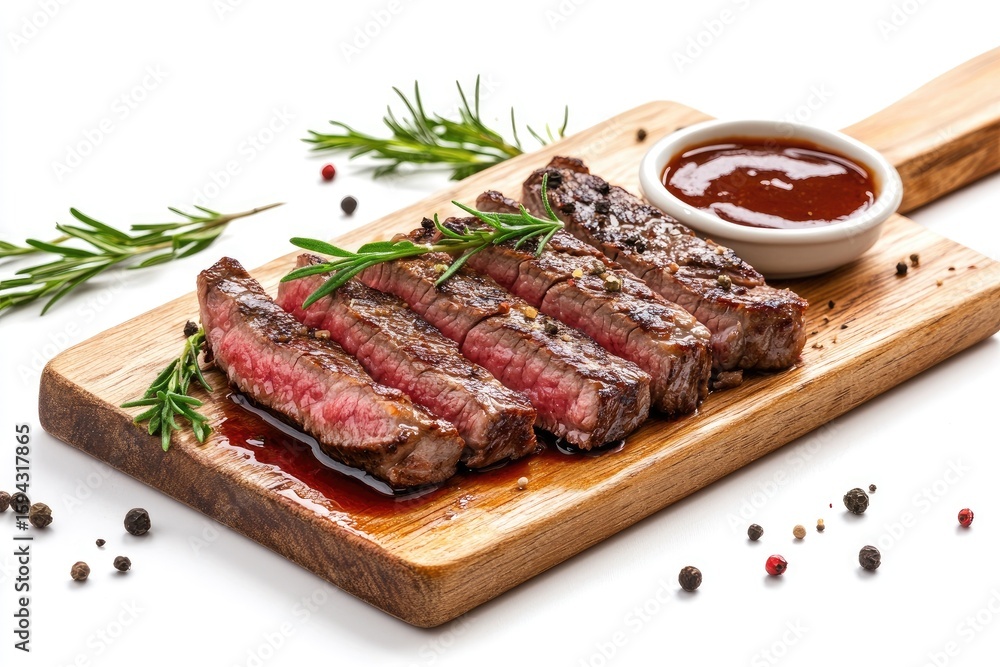 Sliced steak on wooden board with rosemary and BBQ sauce Sliced steak on wooden board with rosemary and BBQ sauce