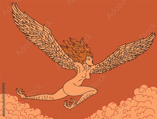 greek mythology evil harpy flying in the sky