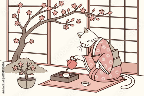 Cat in a Japanese Tea Ceremony Scene