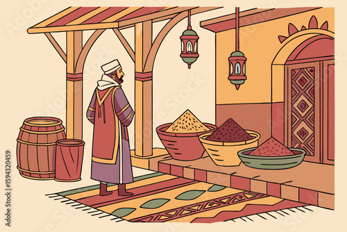 Cat in a Moroccan Bazaar Selling Spices