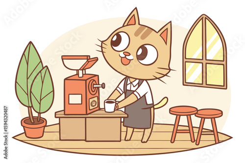 Cat Barista Brewing Coffee in a Cozy Café