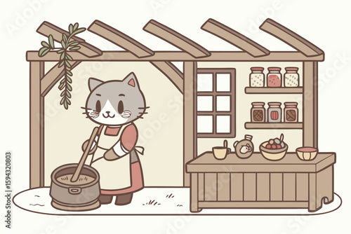 Cat Chef Cooking in a Rustic Kitchen