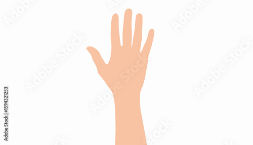 A light-skinned hand is raised with fingers spread, against a white background.