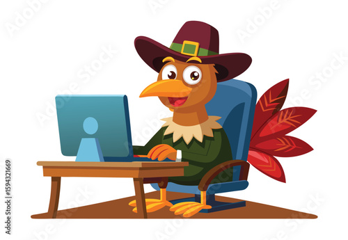 Funny turkey with pilgrim hat working on computer sitting at desk cartoon vector clipart