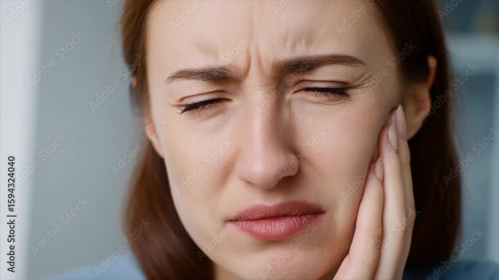 A woman with a toothache, holding her cheek in pain from her jaw A woman with a toothache, holding her cheek in pain from her jaw
