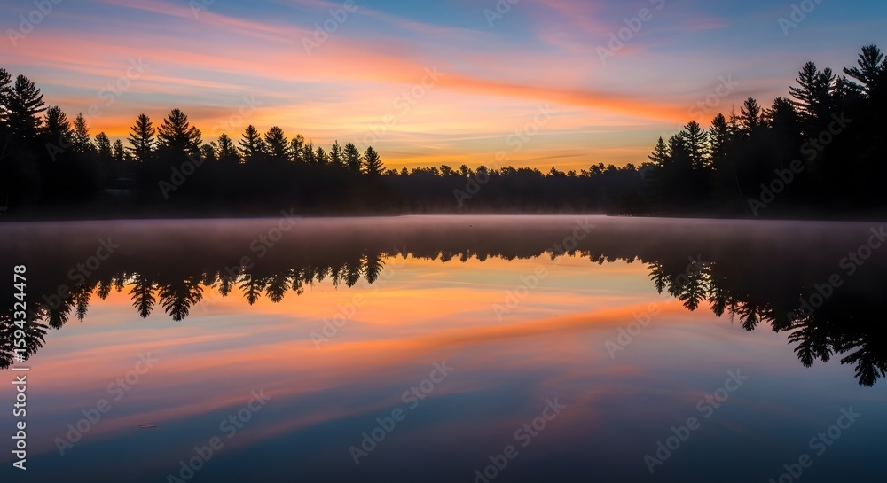 Naklejka premium Sunrise Reflection Over Lake Trees
