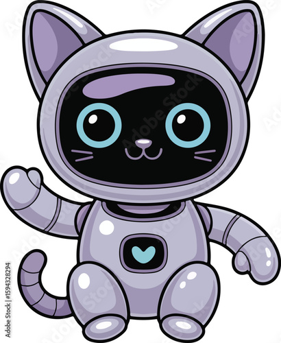 A cute robot cat illustration with big blue eyes. Transparent png vector