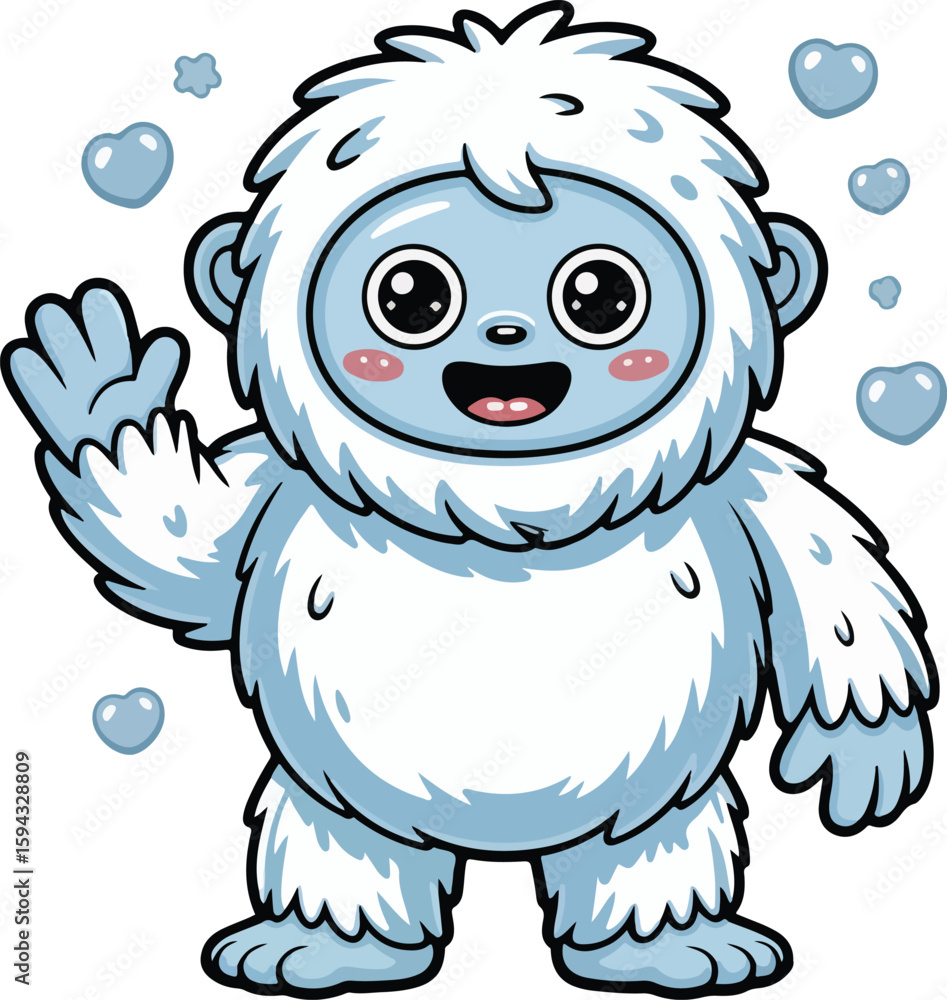 Obraz premium A charming, cartoonish yeti character waves, with a friendly expression, surrounded by floating hearts. Transparent png vector