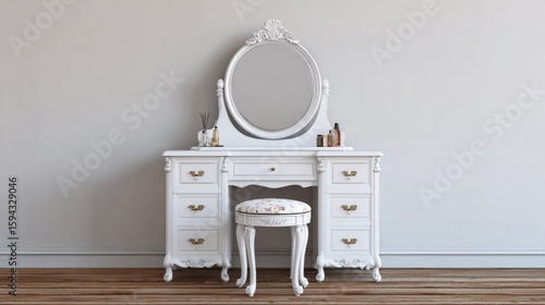 White antique vanity set with ornate details in a room.