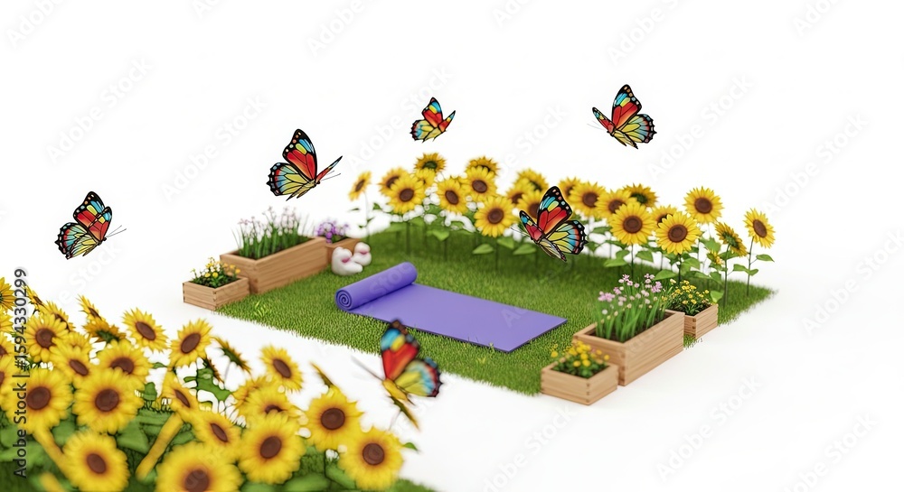 Fototapeta premium Miniature Garden Yoga Scene with Sunflowers Butterflies and Green Grass