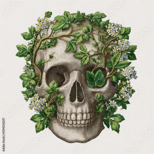 Vintage Skull with Lush Green Vines and Delicate White Flowers