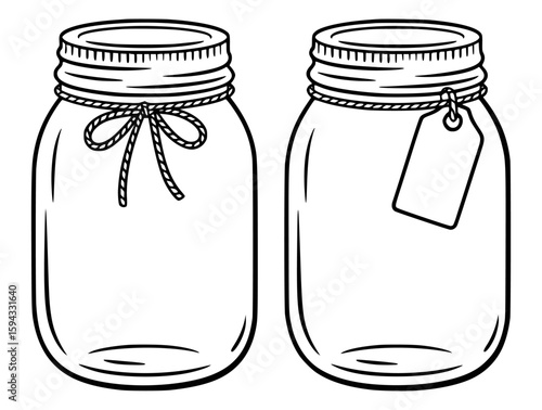 Two empty glass jars with lids and string accents vector