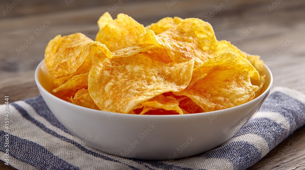 A bowl of crispy and golden potato chips on a striped napkin A bowl of crispy and golden potato chips on a striped napkin
