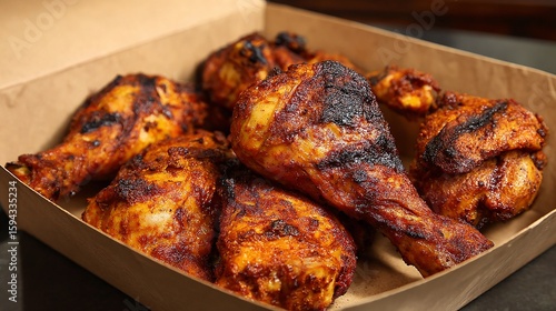 Delicious grilled chicken drumsticks in a takeout box are ready to eat
