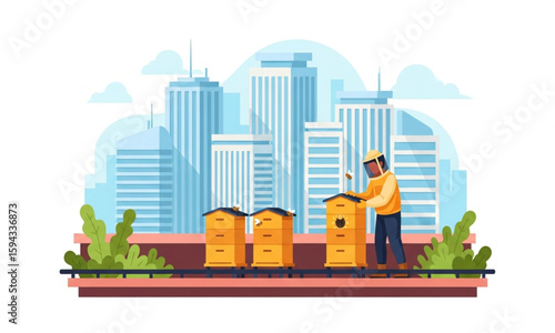 Urban Rooftop Beekeeping with Beekeeper tending Beehives | Apiary on City Building for Environmental Sustainability and Urban Farming Initiatives
