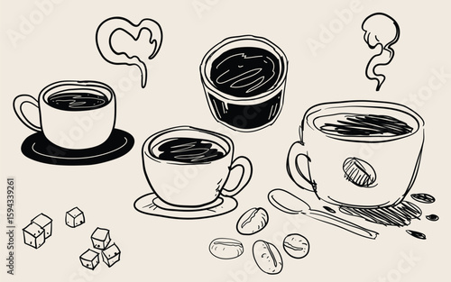 Hand-Drawn coffee and cafe doodle grunge, artistic, doodle, trendy style tasty coffee concept vector illustration isolated design elements set