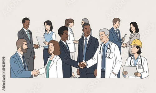 Diverse Professionals Shaking Hands - Business, Healthcare, and Construction | Multidisciplinary Teamwork Illustration for Corporate Communication and Partnership Concepts