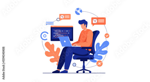 Programmer working on laptop computer with code display, focused on development and online communication for business
