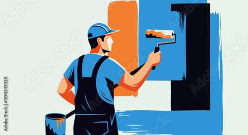 Painter Applying Blue and Orange Wall Paint with Roller for Home Improvement Blogs, DIY Websites, Renovation Articles, and Interior Design Content  