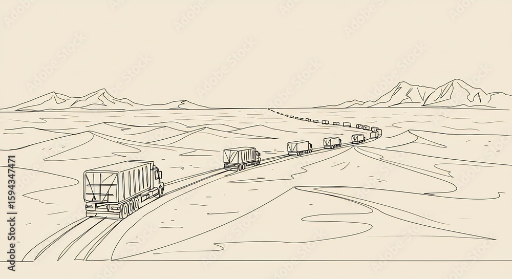 Obraz premium Trucks Moving Across a Desert Landscape Sketch Illustration