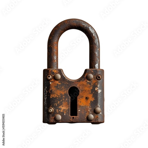 A rusty old padlock isolated on white background